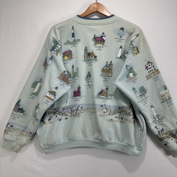Artisans Sunschein Designs Michigan Lighthouse Cardigan USA 90s All Over Design - Picture 8 of 10